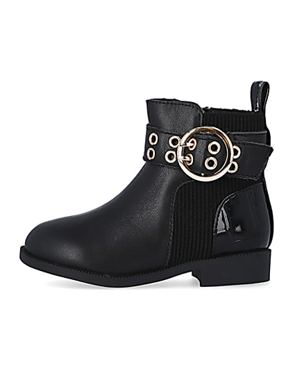 360 degree animation of product Mini Girls Black Leather Buckle Boots frame-3