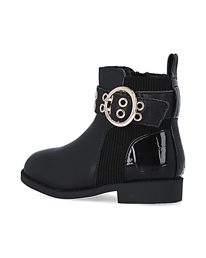 360 degree animation of product Mini Girls Black Leather Buckle Boots frame-5