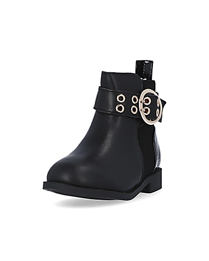 360 degree animation of product Mini Girls Black Leather Buckle Boots frame-23