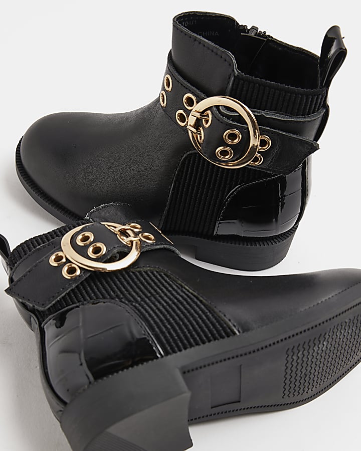 Mini Girls Black Leather Buckle Boots