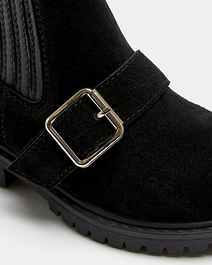 Mini girls black leather buckle strap boots