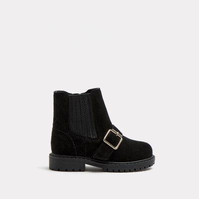 Mini girls black leather buckle strap boots River Island