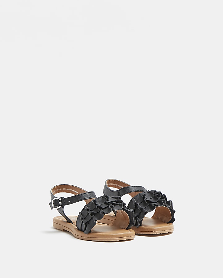 Mini girls black Leather ruffle sandals