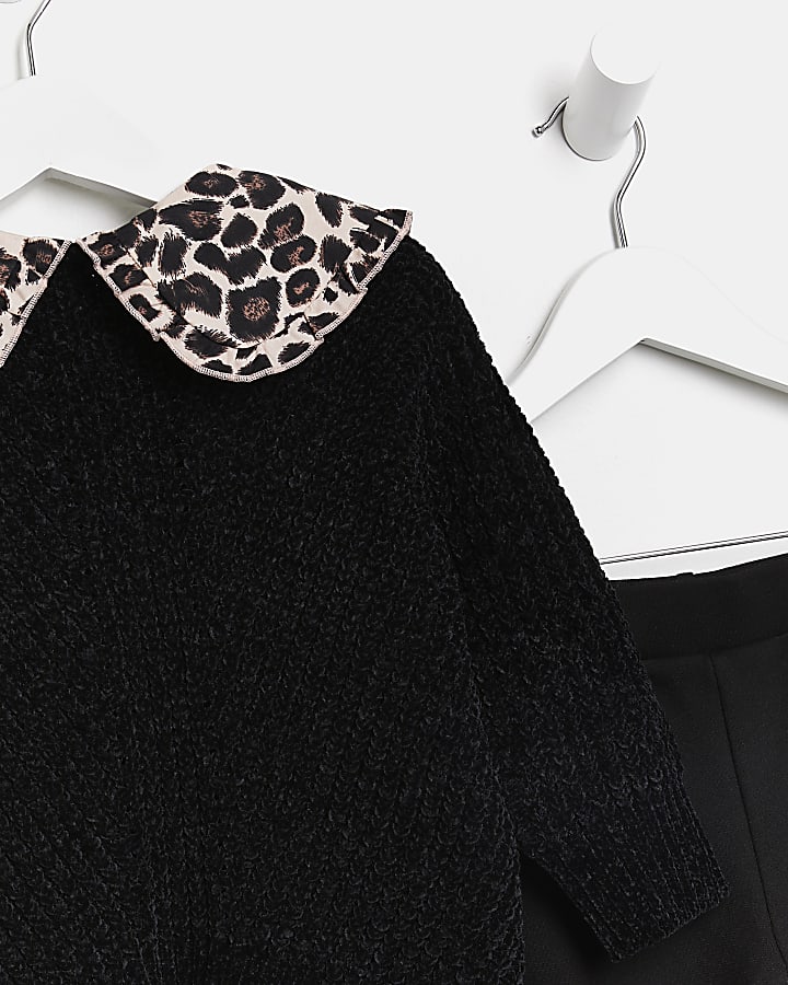 Mini girls black leopard collar jumper set