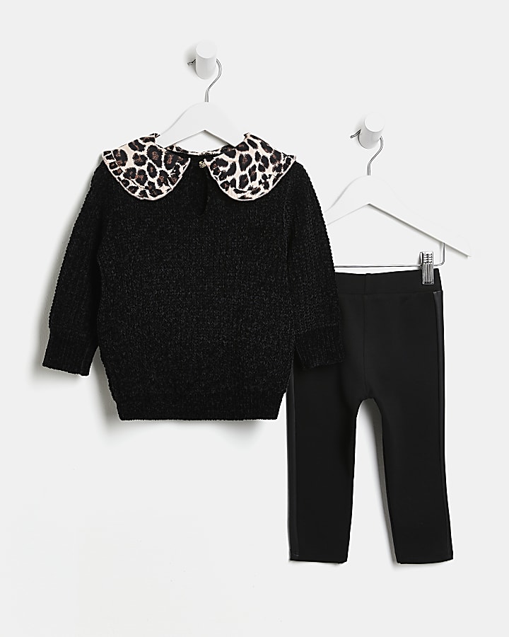 Mini girls black leopard collar jumper set