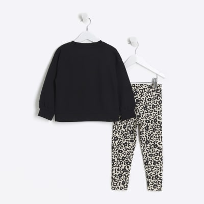 Mini girls black leopard leggings sweat set