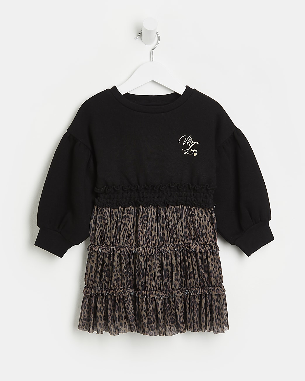 Mini girls black leopard mesh 2 in 1 dress