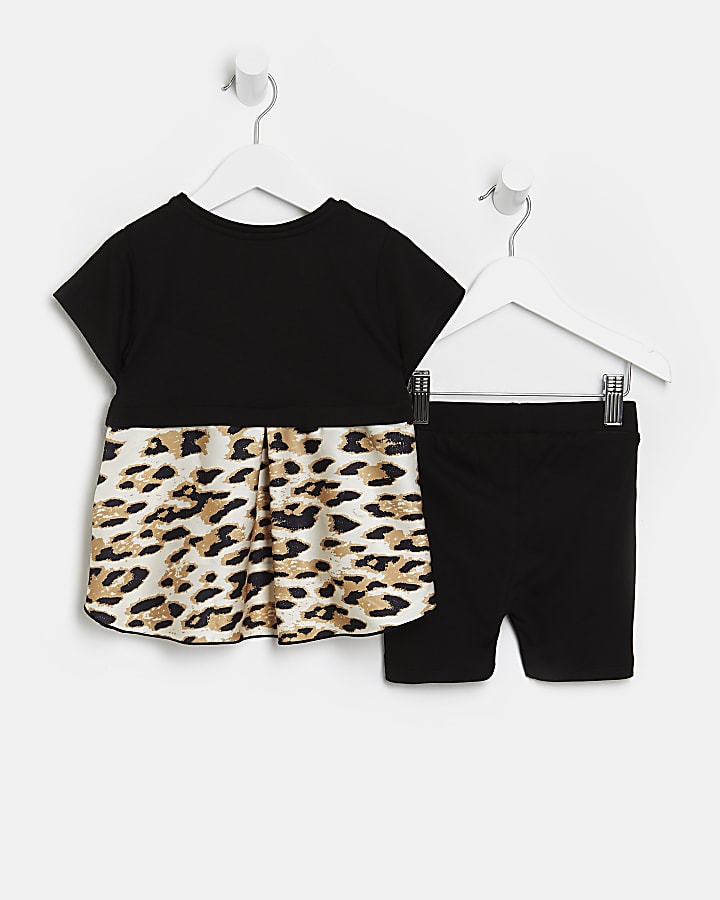 Mini girls black leopard print t-shirt outfit