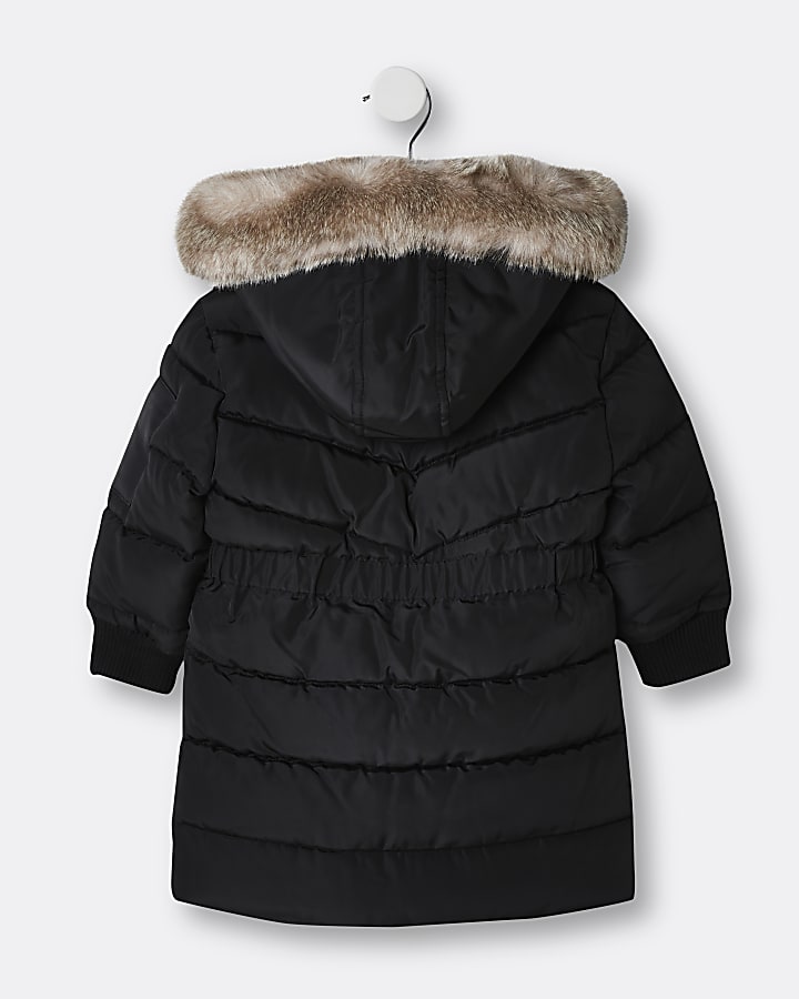 Mini girls black longline puffer coat