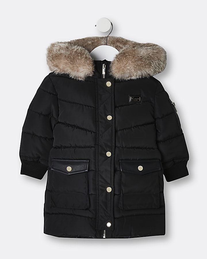 Mini girls black longline puffer coat