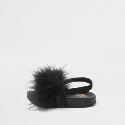 black fluffy slider slippers