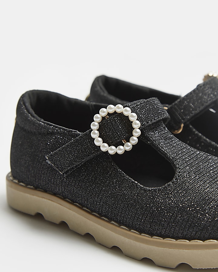 Mini girls black Mary Jane pearl buckle shoes