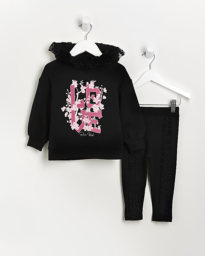 Mini girls black mesh frill hoodie outfit