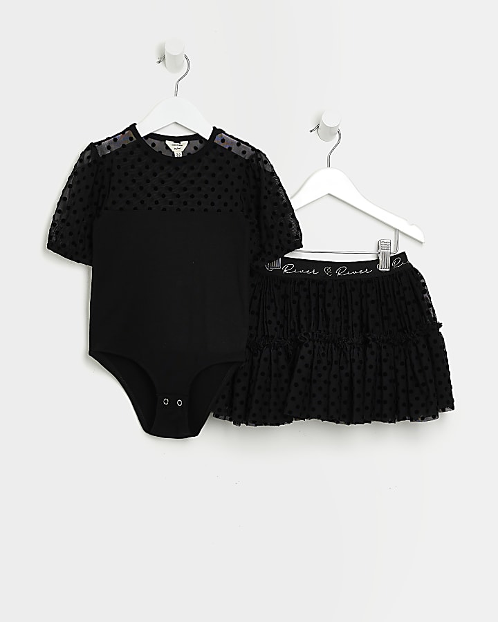 Mini girls black mesh polka dot tutu outfit