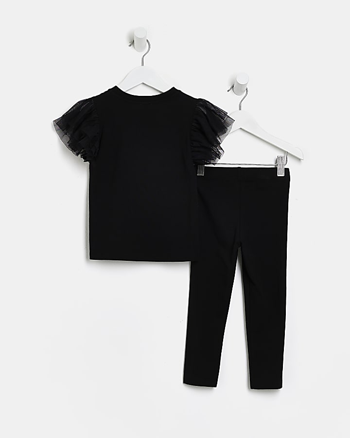 Mini Girls Black Mesh Sleeve T-shirt Set