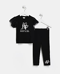 Mini Girls Black Mesh Sleeve T-shirt Set