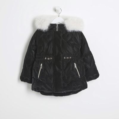 River Island Mini Girls Black Padded Heart Faux Fur Coat