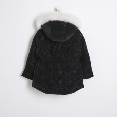 Mini Girls Black Padded Heart Faux Fur Coat River Island