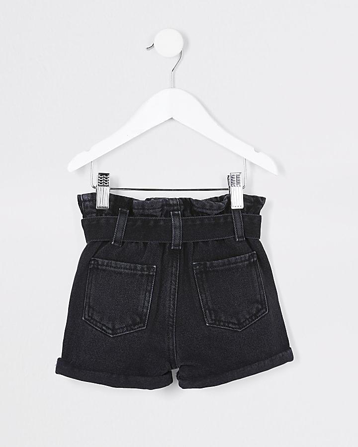 Mini girls black paper bag denim shorts