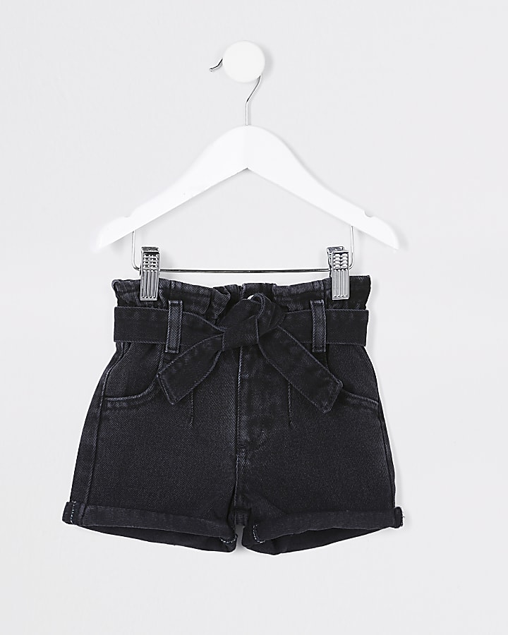 Mini girls black paper bag denim shorts