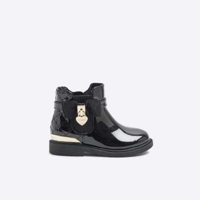 Mini Girls Black Patent Bow Riding Boots River Island