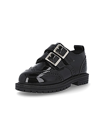 360 degree animation of product Mini girls black patent buckle shoes frame-0
