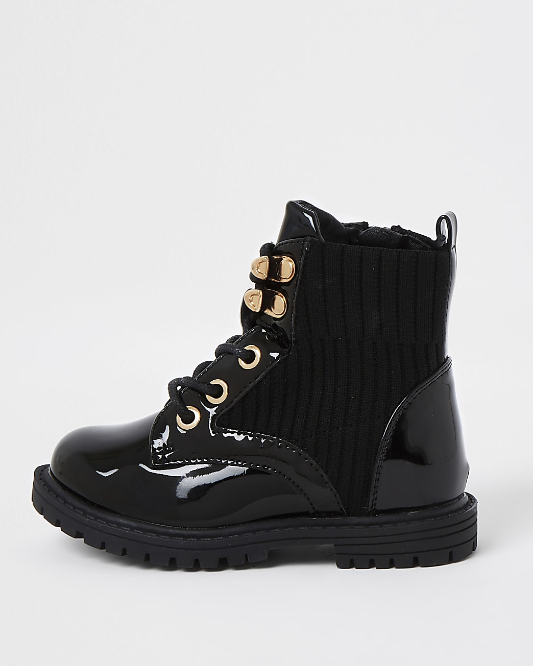 Mini girls black patent clumpy lace up boots