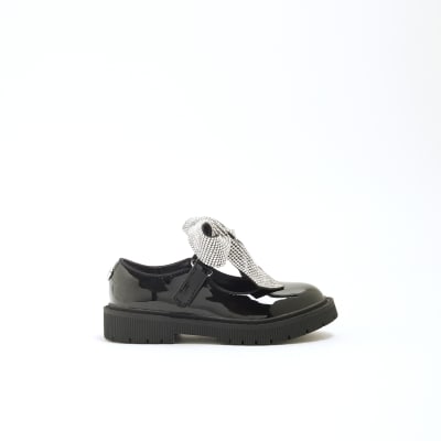 Mini Girls Black Patent Heatseal Bow Shoes River Island