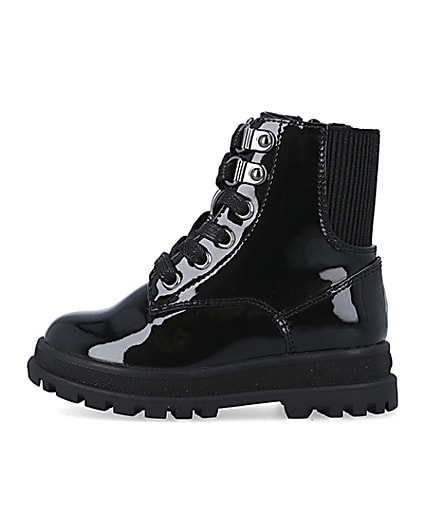 360 degree animation of product Mini girls black patent hiker boots frame-3