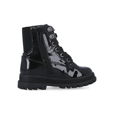 Black patent store hiker boots