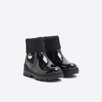 Mini Girls Black Patent Knit Chelsea Boot River Island