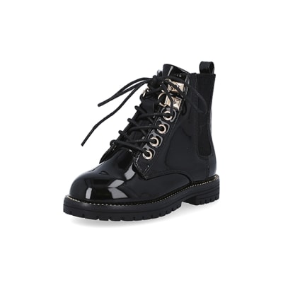 Mini girls black patent lace up boots | River Island
