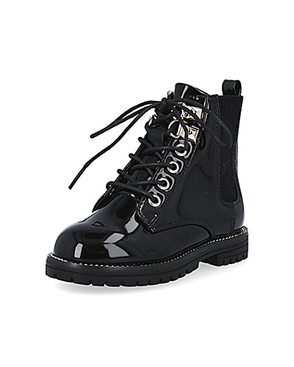 360 degree animation of product Mini girls black patent lace up boots frame-0