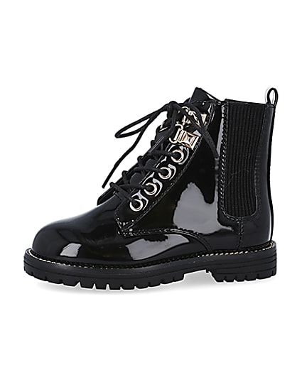 360 degree animation of product Mini girls black patent lace up boots frame-2
