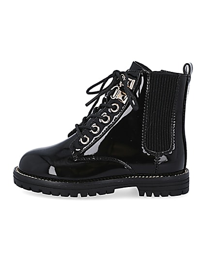 360 degree animation of product Mini girls black patent lace up boots frame-3
