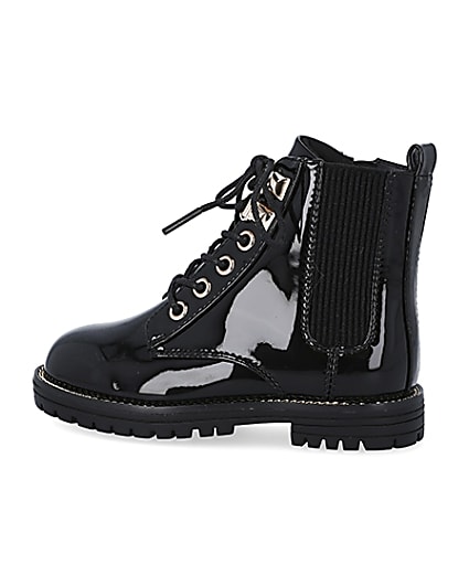 360 degree animation of product Mini girls black patent lace up boots frame-4