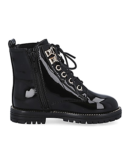 360 degree animation of product Mini girls black patent lace up boots frame-15