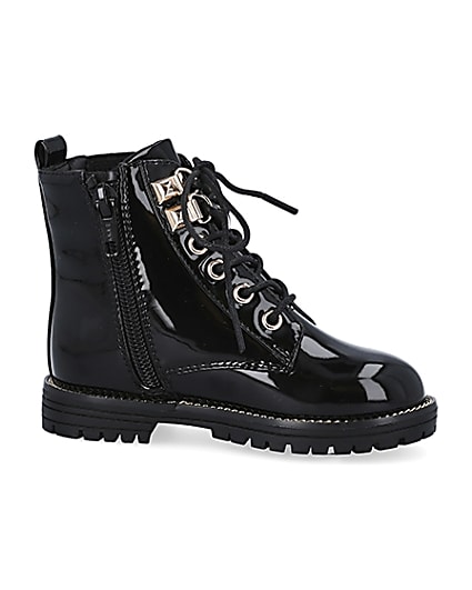 360 degree animation of product Mini girls black patent lace up boots frame-16