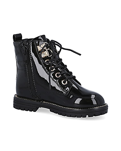 360 degree animation of product Mini girls black patent lace up boots frame-17