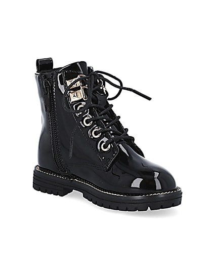 360 degree animation of product Mini girls black patent lace up boots frame-18