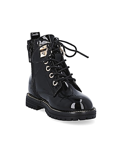 360 degree animation of product Mini girls black patent lace up boots frame-19