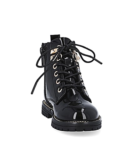 360 degree animation of product Mini girls black patent lace up boots frame-20