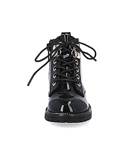 360 degree animation of product Mini girls black patent lace up boots frame-21