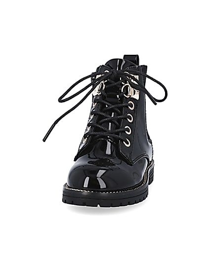 360 degree animation of product Mini girls black patent lace up boots frame-22
