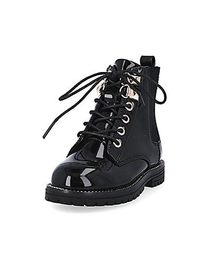360 degree animation of product Mini girls black patent lace up boots frame-23