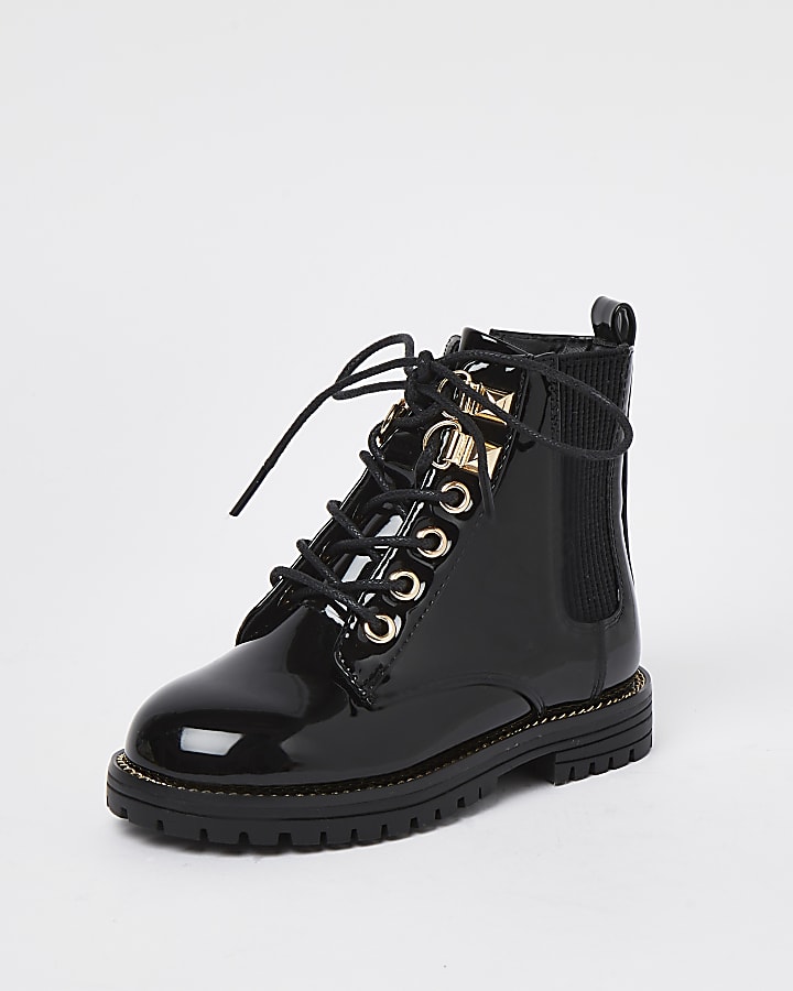 Mini girls black patent lace up boots