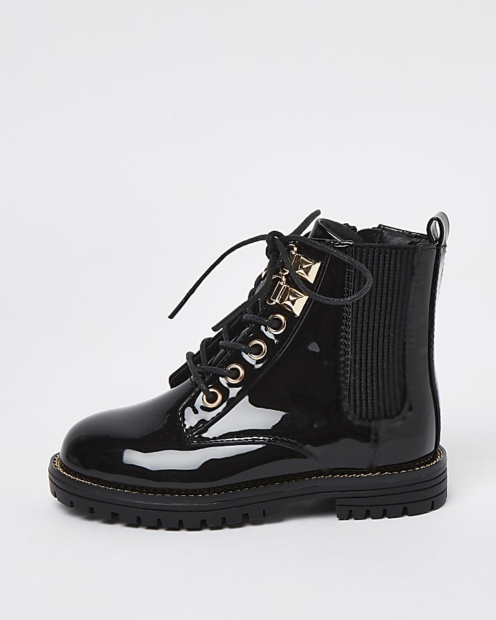 Mini girls black patent lace up boots