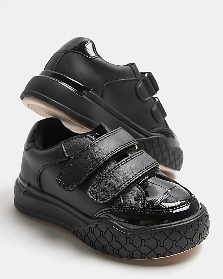 Mini girls Black Patent Mix Velcro trainers