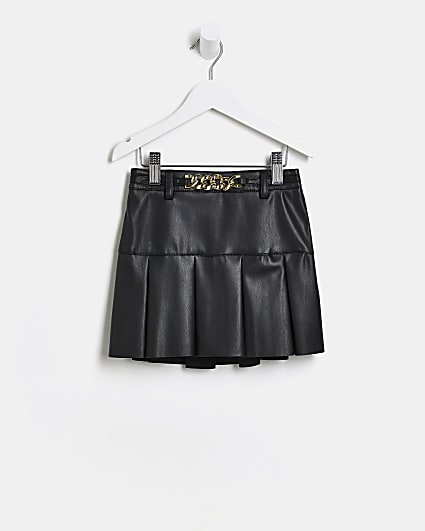 Mini girls Black Pleated Buckle PU Skirt