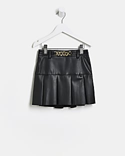 Mini girls Black Pleated faux leather Skirt
